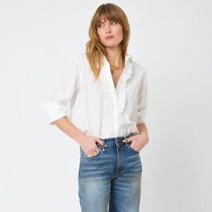 White Ruffle-Front Button Down Shirt - Women